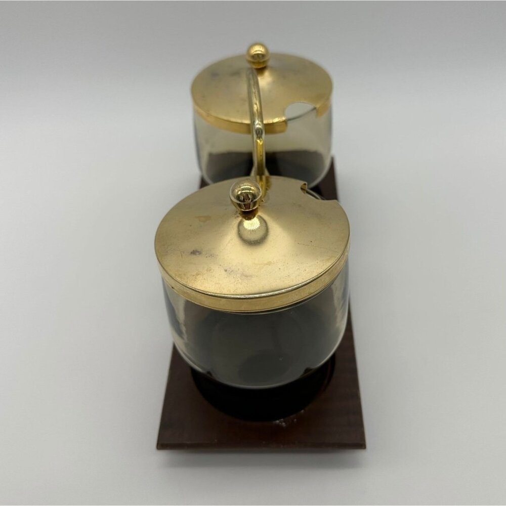 Vintage Condiment Serving Dish Wood Tray Smokey Glass Bowls Retro Gold Brown - Picture 2 of 9